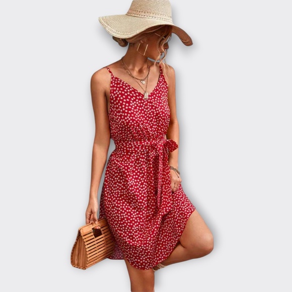 Red White Floral V-Neck Tie Waist Cami Mini Dress Retro Boho Chic Vacation S - Picture 1 of 12